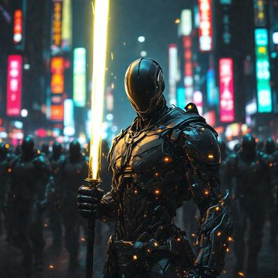 The primary subject of the image is a futuristic robot holding a yellow sword. The robot is the main focus of the scene, and it is surrounded by a group of other robots. The setting appears to be a futuristic city, with the robot standing in the middle of the street. The visual style of the image is digital art, as it is a detailed and intricate illustration of the robot and its surroundings. The colors and mood of the image are dark and mysterious, with the robot and its surr